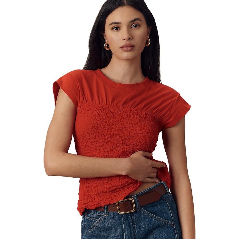 Maeve Smocked Cotton Flutter Sleeve Top Red XXS